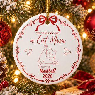 Röd minimalistisk rolig kattmamma jul  julgransprydnad keramik