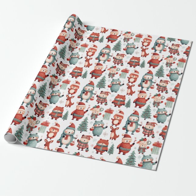 Röd Mint Ren Björn Tomte Mönster Jul Presentpapper (Utrullad)