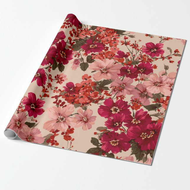 Röd Mjuk Rosa Ditsy Blomma Pastell Boho 70-tal Vin Presentpapper (Utrullad)