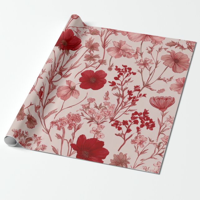 Röd Mjuk Rosa Ditsy Blomma Pastell Boho 70-tal Vin Presentpapper (Utrullad)