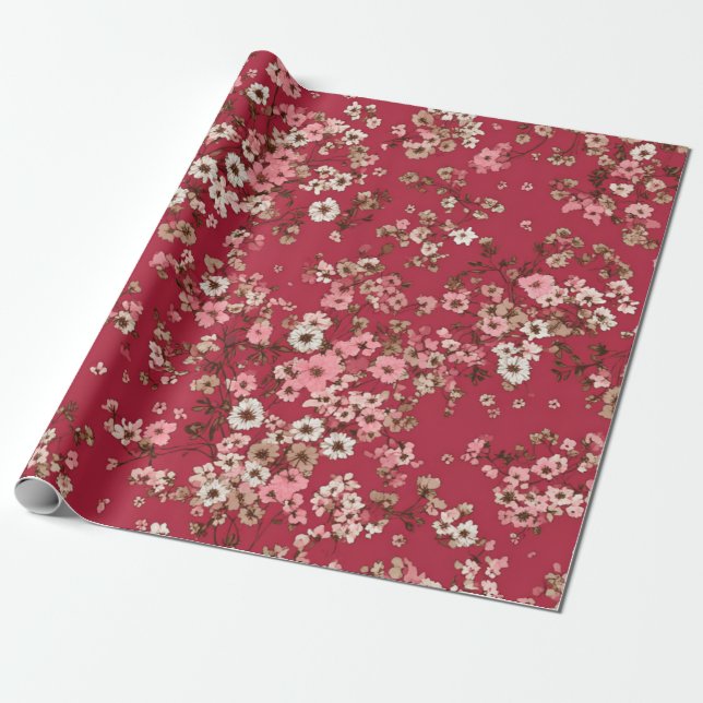 Röd Mjuk Rosa Ditsy Blomma Pastell Boho 70-tal Vin Presentpapper (Utrullad)