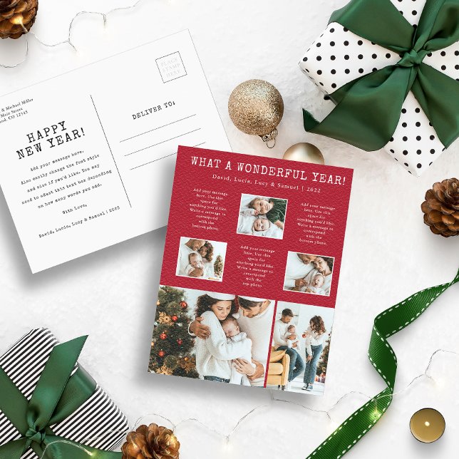 Röd modern fotokollagejuldkort helg vykort (Red and White What a Wonderful Year Photo Collage Christmas Holiday Postcard)