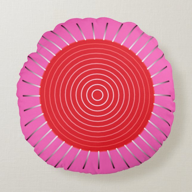 Röd modern geometrisk Sunburst - som är fuchsia Rund Kudde (Framsidan)