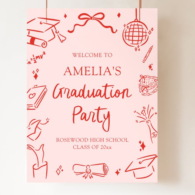Röd Modern Handritad Välkomstfest för Examen Poster (Red Modern Hand Drawn Graduation Party Welcome)