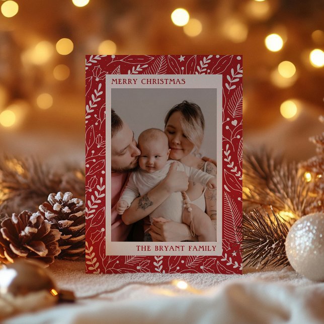 Röd modern konst med julhagtorn och blad ram julkort (Skapare uppladdad)