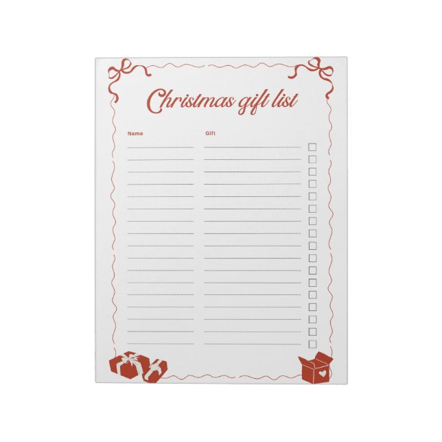 Röd modern minimalist julklappslista anteckningsblock (Roterad)