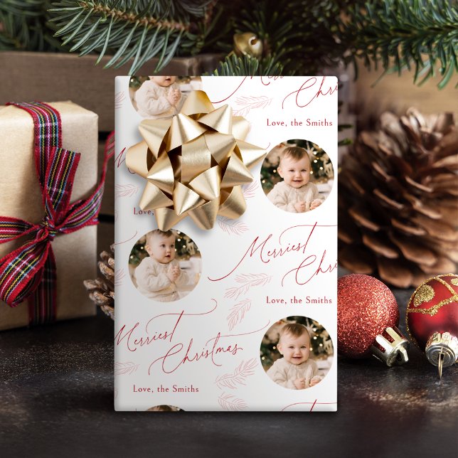 Röd modern skrift God Jul Familj 2 foto Presentpapper (Red Modern Script Merry Christmas Family 2 photo Wrapping Paper)