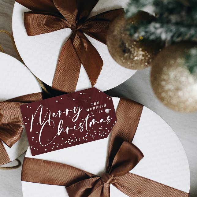 Röd modern snöglob julklappsmärke Merry Christmas Presentetikett (Skapare uppladdad)