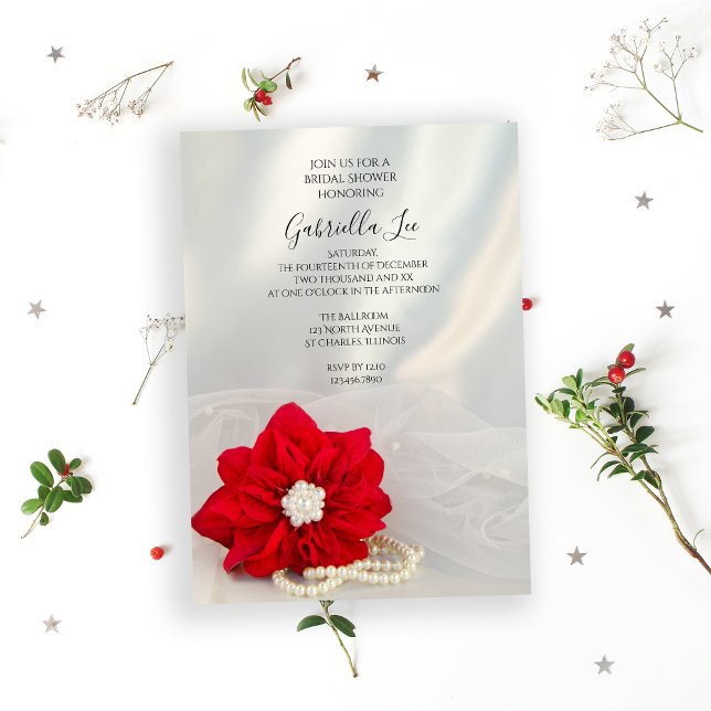 Röd möhippa för vinter för julstjärnavitpärlor inbjudningar (Set a festive tone for your December event with the Poinsettia and Pearls Bridal Shower Invitation.)
