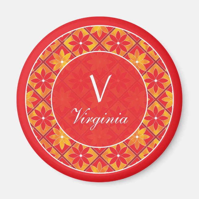 Röd monogram dekorativ Blommigt - plattor Magnet (Framsidan)