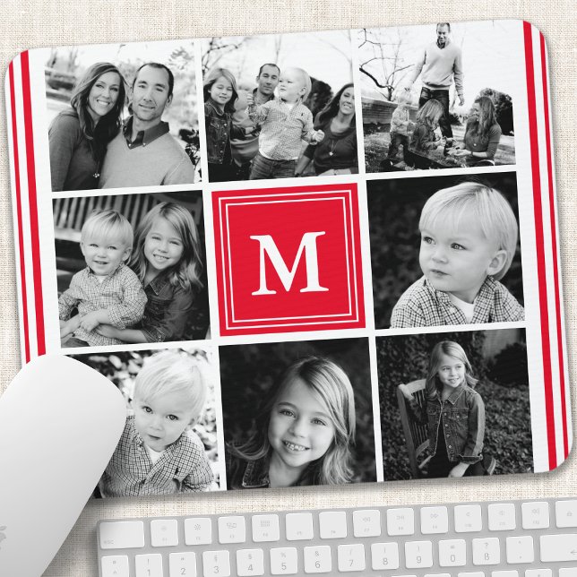 Röd monogram familjefotokollage musmatta (Skapare uppladdad)