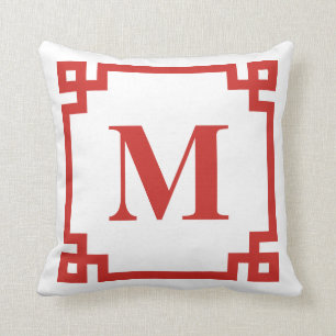 Röd Monogram för greknyckelgräns Kudde