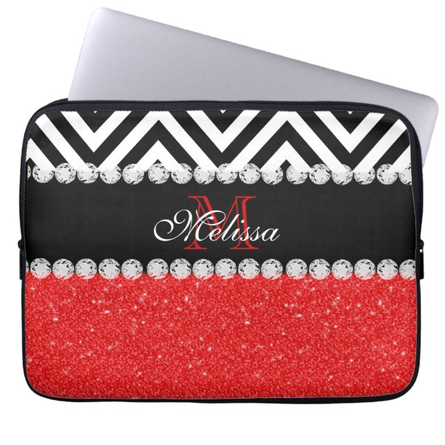 RÖD MONOGRAMMED GLITTERSVARTSPARRE LAPTOP SLEEVE (Framsidan)