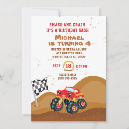 Röd monstertruck 4-års födelsedagsracing inbjudningar