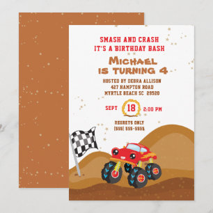 Röd monstertruck 4-års födelsedagsracing inbjudningar