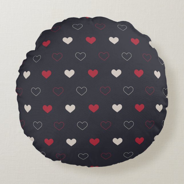 Röd & mörk hjärtlös sömlös mönster Cute Minimal Rund Kudde (Framsidan)