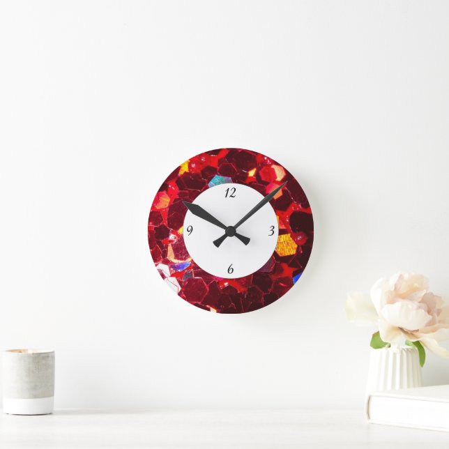 Röd mosaik blank glitter mönster med siffror rund klocka (Hem)