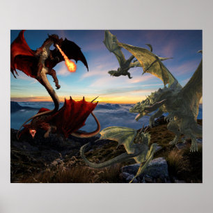Röd mot Grönt Dragons Battle Fantasy Fight Poster