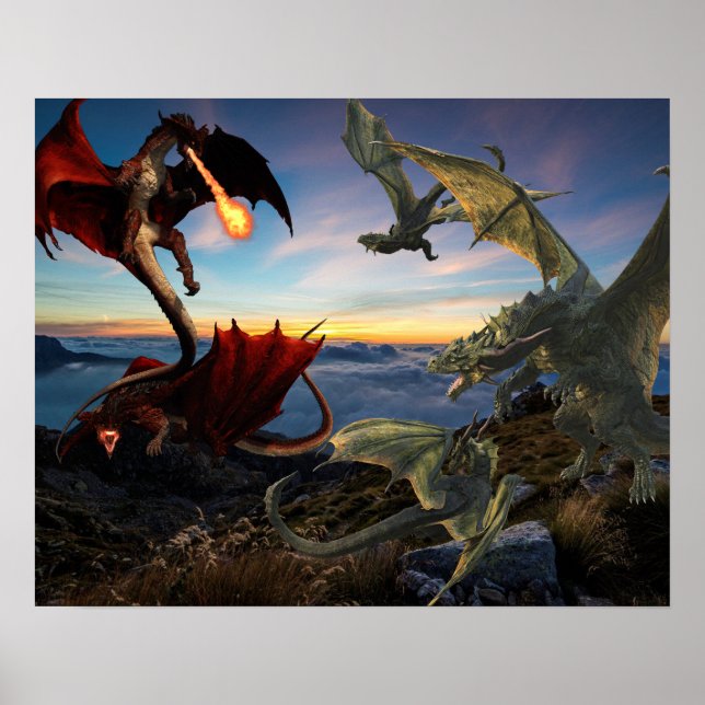Röd mot Grönt Dragons Battle Fantasy Fight Poster (Framsidan)