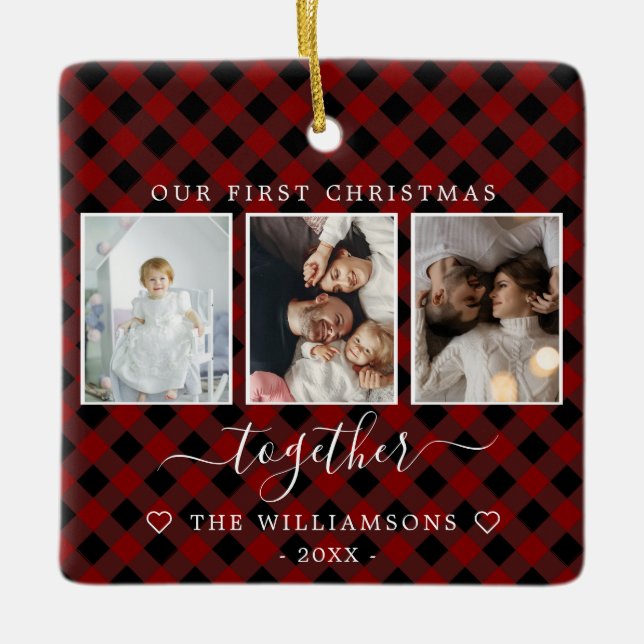 Röd multifoto, första jul tillsammans julgransprydnad keramik (Framsida)