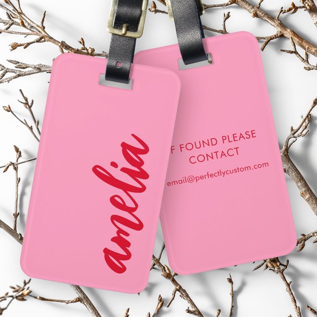 Röd namn-fet skript, färgstark rosa bagagebricka (Red name bold colorful pink luggage tag)