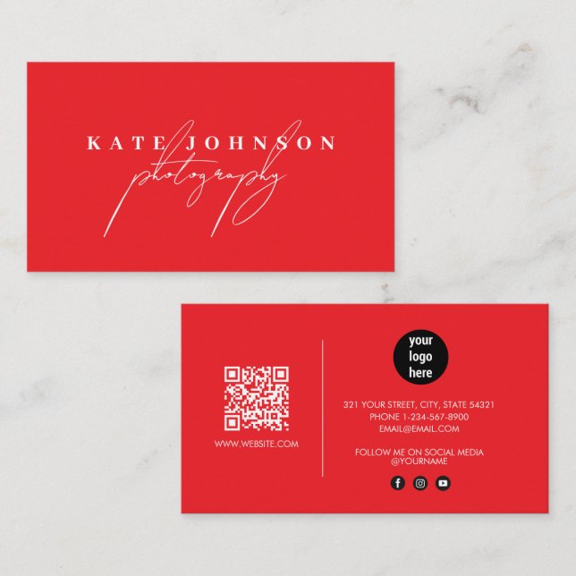 Röd Namnteckning skript QR-kod Social Media Visitkort (Fram/baksida)