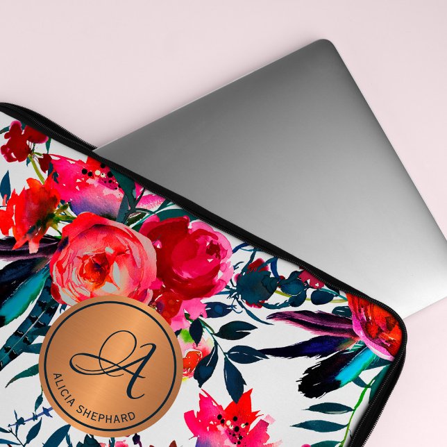 Röd Navy Akvarell Blommönster Kopparmonogram Laptop Fodral (Skapare uppladdad)