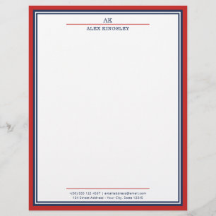 Röd Navy Blå Kant Monogram Namn Adress Brevhuvud