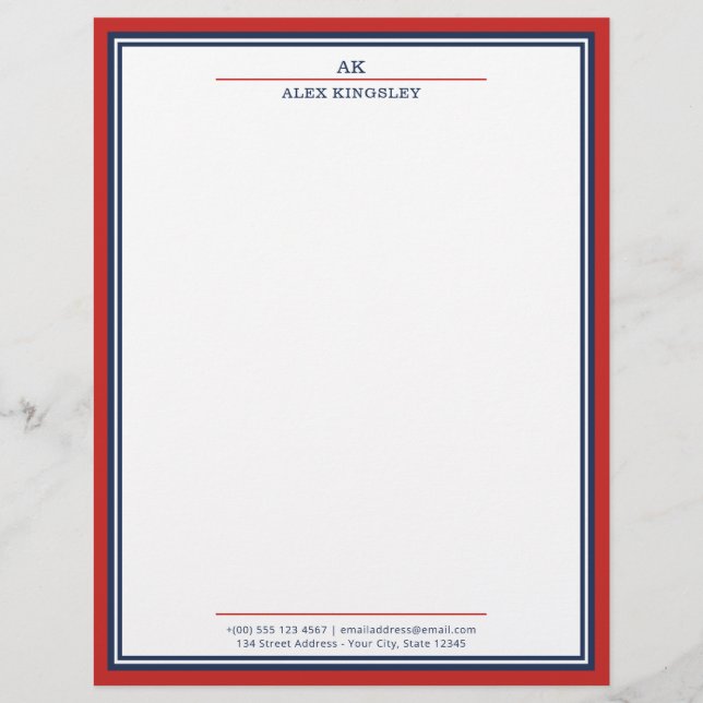 Röd Navy Blå Kant Monogram Namn Adress Brevhuvud (Framsida)