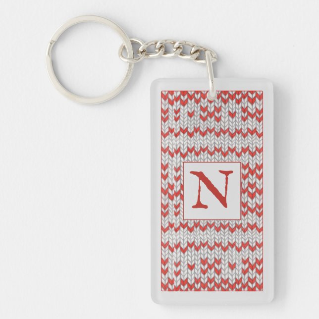 RÖD NORDISK STICKAD rektangulär nyckelring + initi (Framsidan)