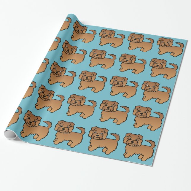 Röd Norfolk Terrier Tecknad Hundmönster På Blå Presentpapper (Utrullad)