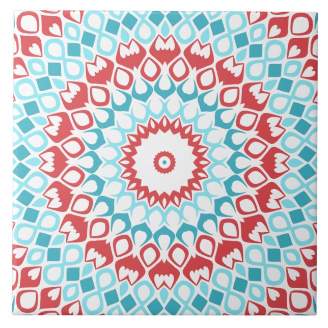 Röd och Aqua Geometrisk Mandala Mönster Kakelplatta (Framsidan)
