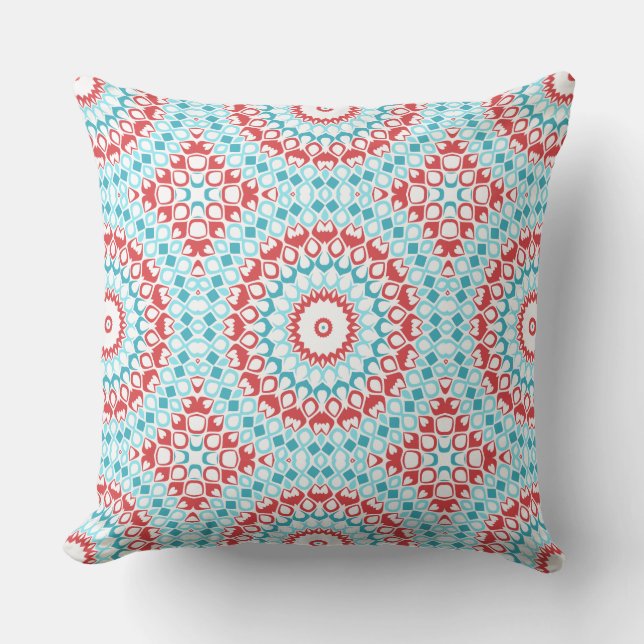 Röd och Aqua Geometrisk Mandala Mönster Kudde (Framsida)