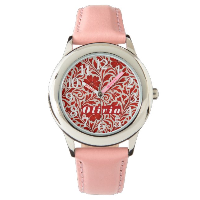 Röd och beige djärv blommönster  armbandsur (Framsida)