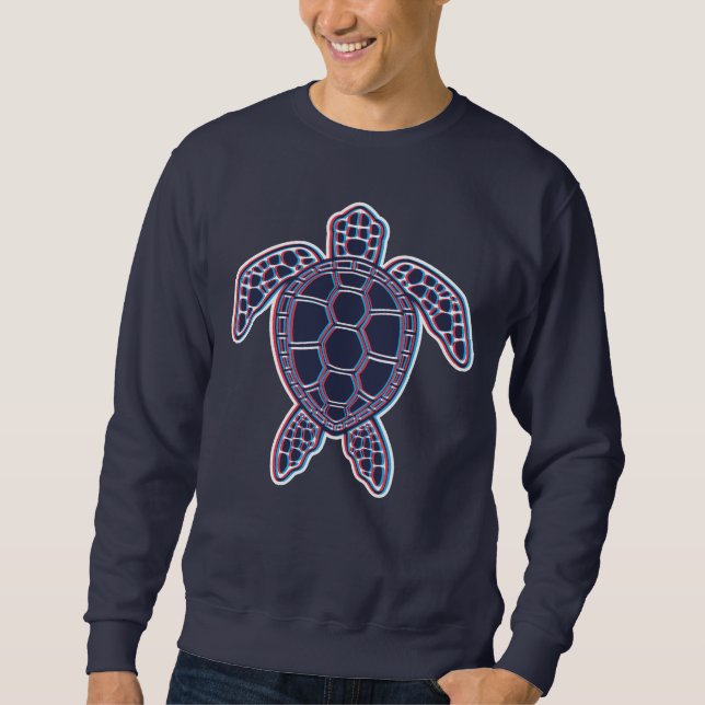 Röd och blå Anaglyph 3D Glitch Effect Sea Turtle Lång Ärmad Tröja (Framsida)