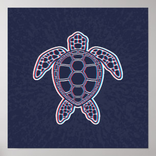 Röd och blå Anaglyph 3D Glitch Effect Sea Turtle Poster