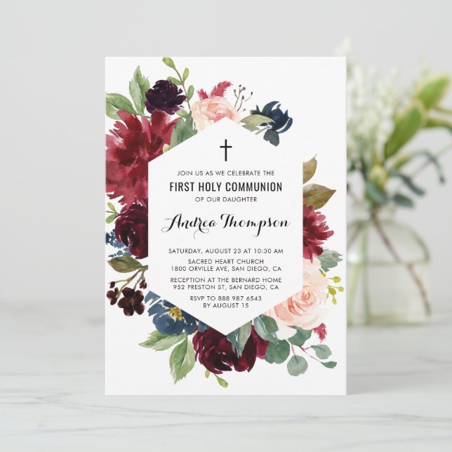 Röd och blå Blommigt Ram Första Heligan Kommunisio Inbjudningar (Stående Fram)