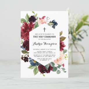 Röd och blå Blommigt Ram Första Heligan Kommunisio Inbjudningar