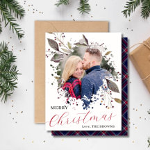 Röd och blå Buffalo-rutig platt julkort med foto