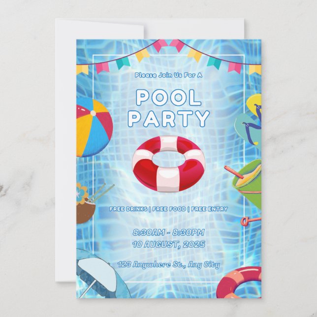 Röd Och Blå Djärv Poolparty Inbjudningar (Framsida)