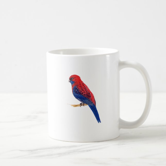 Röd och blå fågel med blå akvarellränder kaffemugg (Höger)