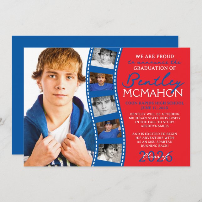 Röd och blå fotofilmremsa Grad-meddelande Inbjudningar (Fram/baksida)