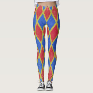Röd och blå geometrisk harlequin diamant mönster leggings
