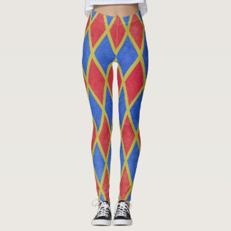 Röd och blå geometrisk harlequin diamant mönster leggings