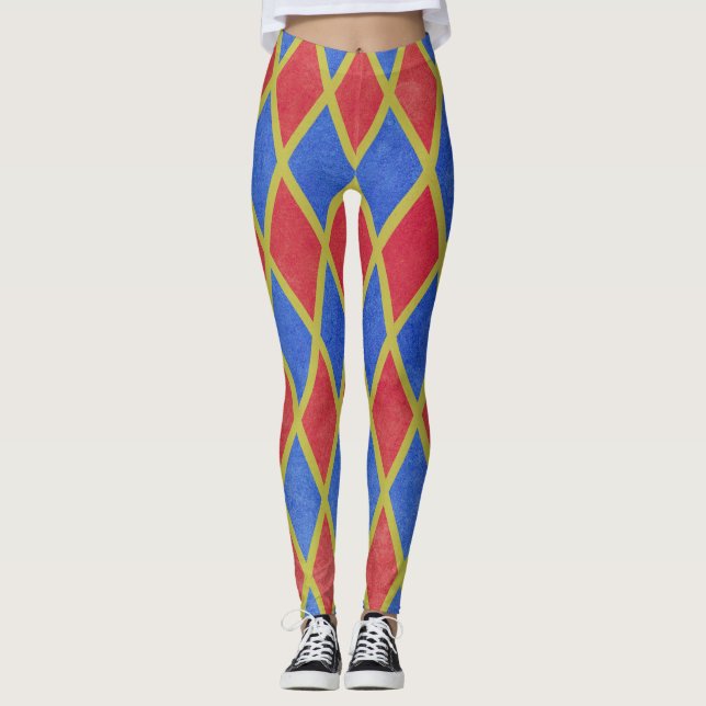 Röd och blå geometrisk harlequin diamant mönster leggings (Framsida)