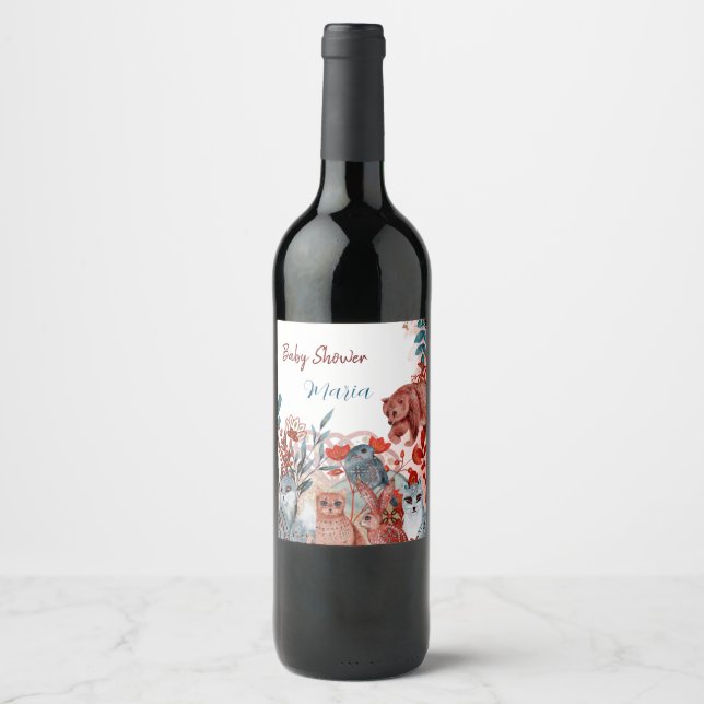 Röd och blå inbjudan till babydusch för späddjuren vinflaska etikett (Framsida)