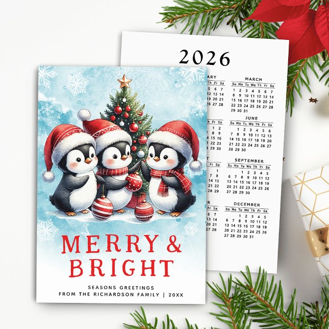 Röd och blå julpenguins Merry och Bright Julkort (Cute Christmas Cards with 2026 Calendar)