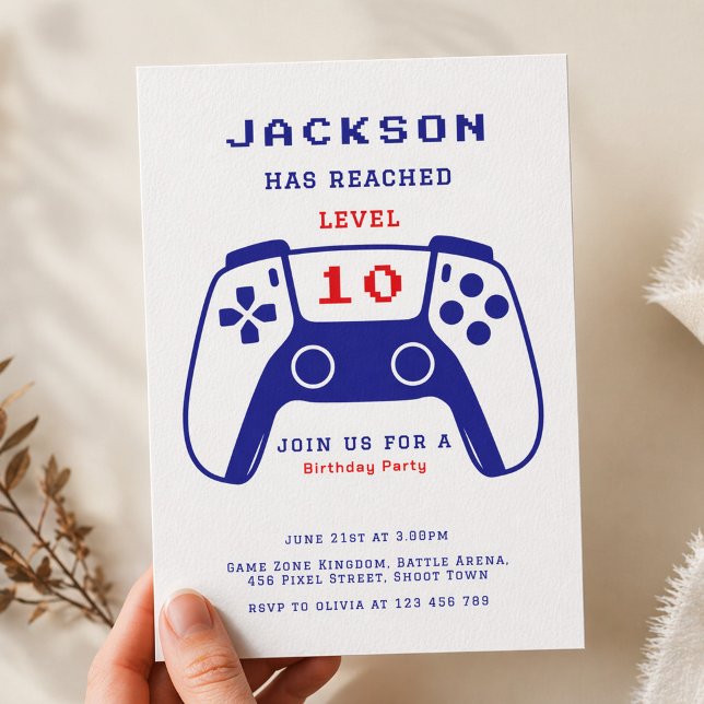 Röd och Blå Level Up Spelargutts Födelsedagsfest Inbjudningar (Skapare uppladdad)