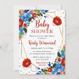 Röd och blå sommarblommor ram Baby Shower Inbjudningar