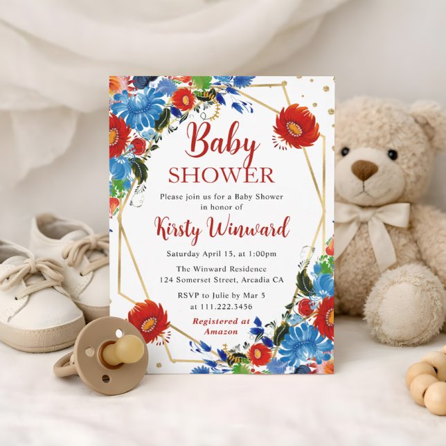 Röd och blå sommarblommor ram Baby Shower Inbjudningar (Skapare uppladdad)